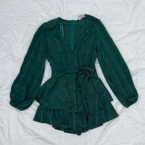 Emerald Green Romper Playsuit Flouncey Ruffled Long Sleeve